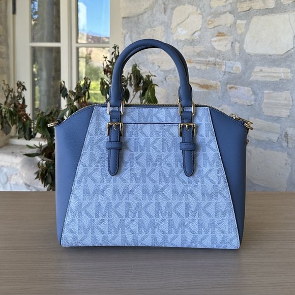 Michael Kors Ciara MD Messenger/ Large Wallet MK Signature Soft Sky 3 Piece Set - Picture 4 of 16